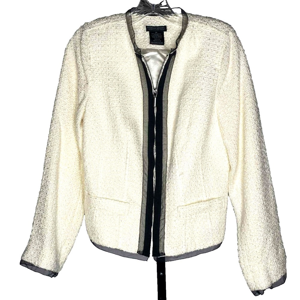 Pamela Dennis Womens white wool blend Tweed Blazer Jacket Size XS‎ corpcore trim